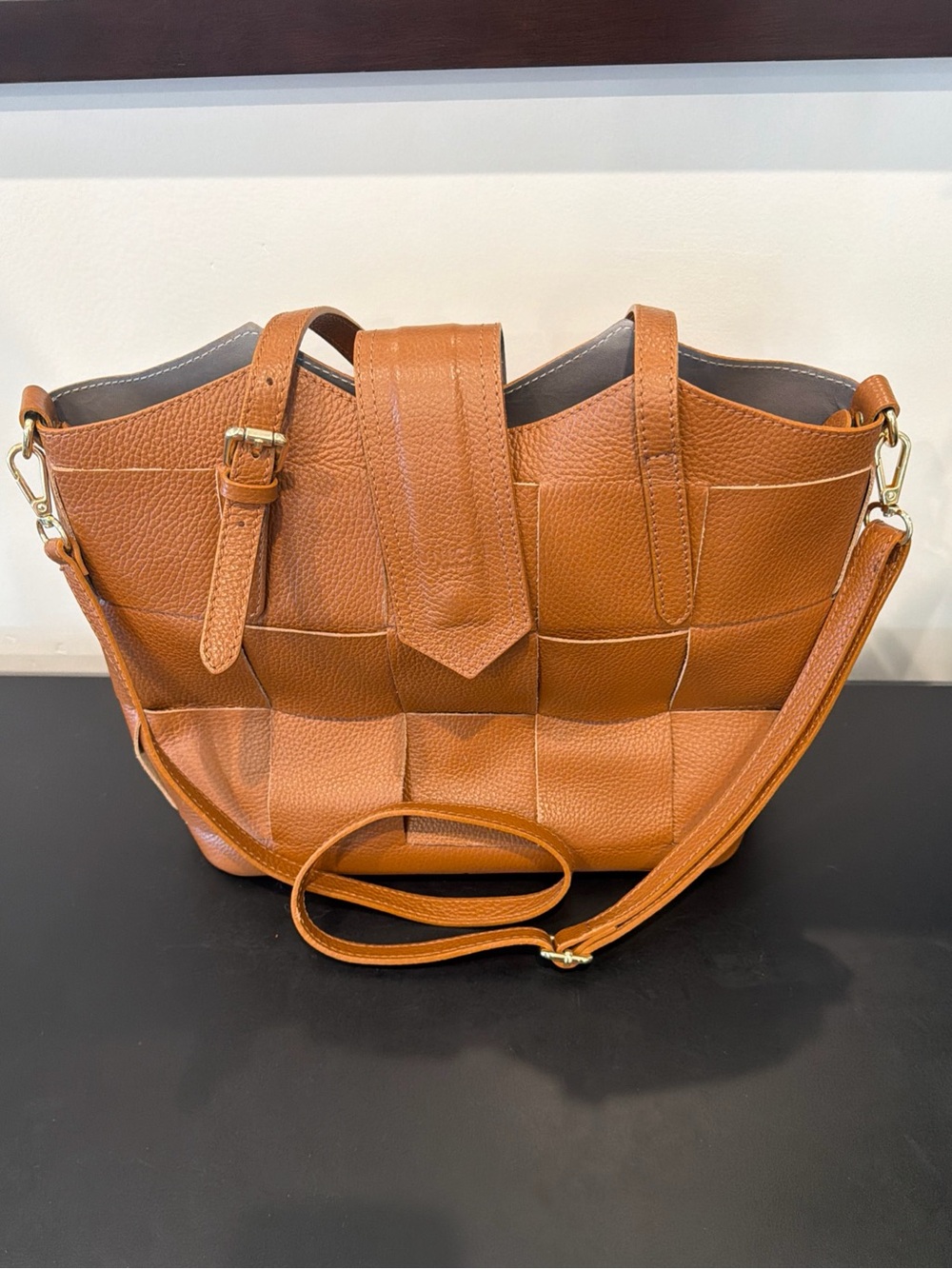 UNICA Firenze Woven Leather Quilted Brown Cognac Convertible Tote